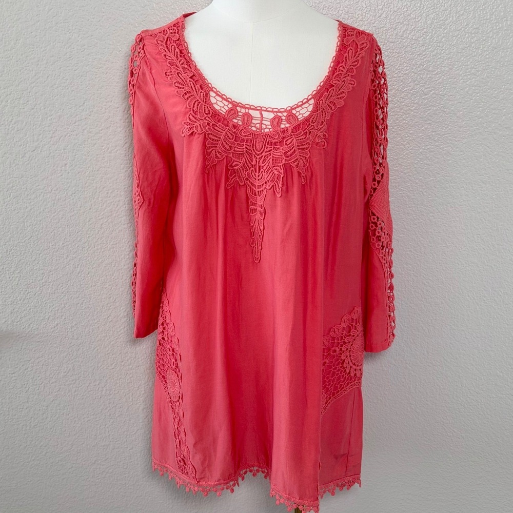 XCVI Coral Pink Cotton Silk Crochet Lace Tunic Top Bohemian Romantic Beachy Sz M - Picture 5 of 16